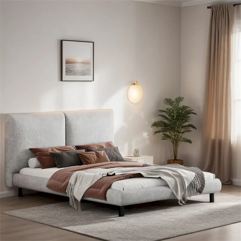 Beige / Grey Upholstered Platform Bed with Dual Headrests, For 2