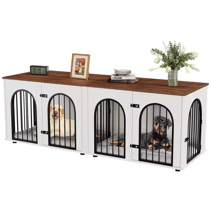 71 Double Dog Crate Furniture, Wooden Kennel for 2 Large/Medium Dogs with Divider & Cushion
