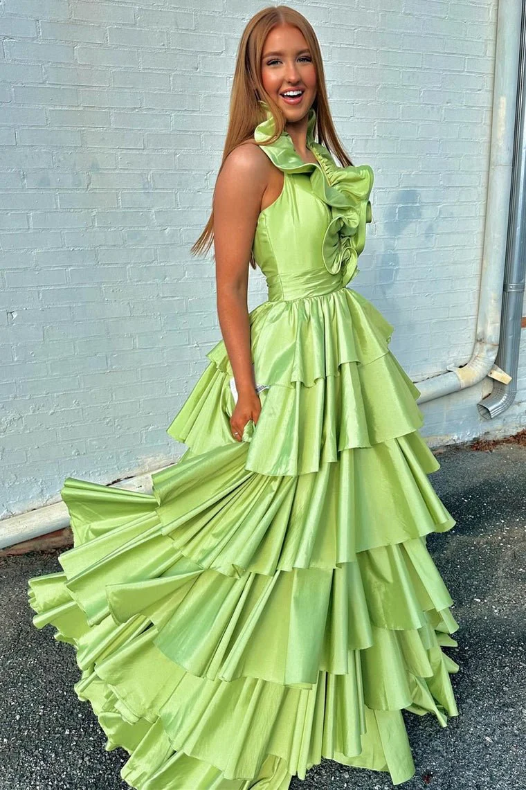 Halter Red Ruffle Tiered A-Line Prom Dress