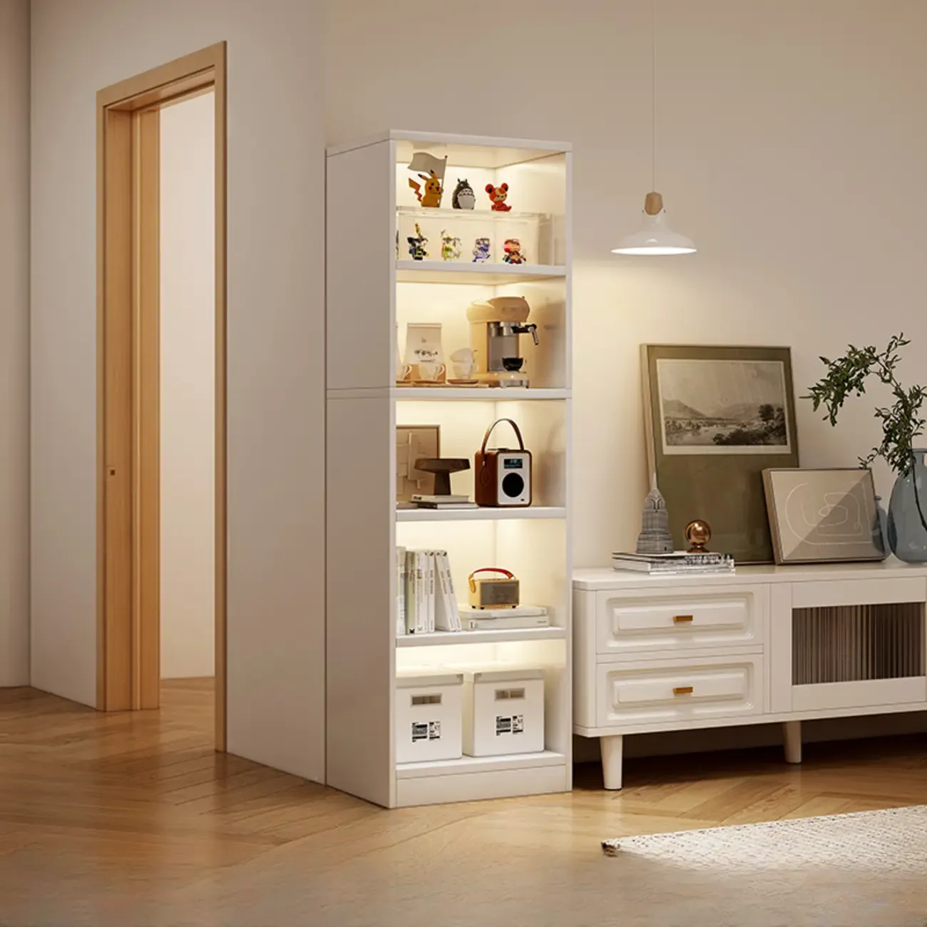 Tall Gray 4-Tier Open Back Wood Bookshelf with Drawer