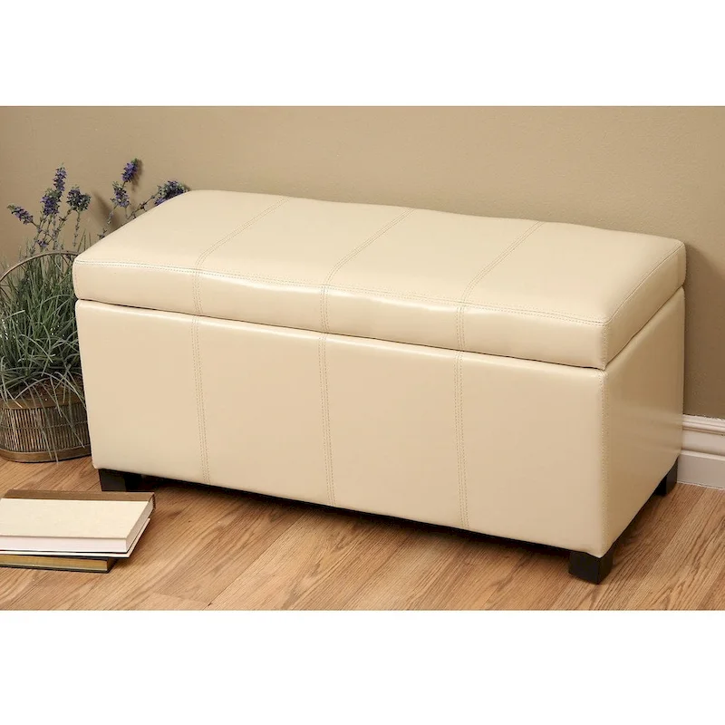 Ivory Off-White Faux Leather Storage Bench – 1-Seat, Large
