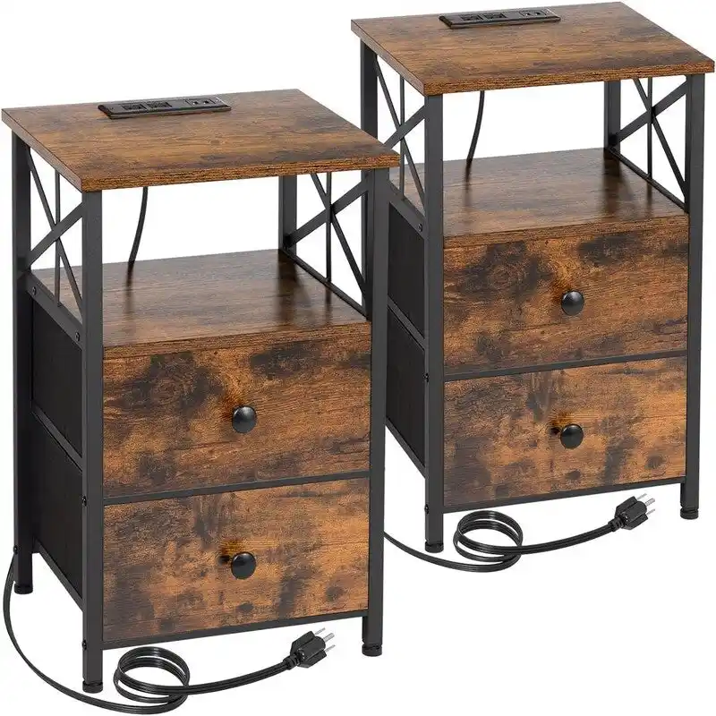 Nightstand with Charging Station and Fabric Drawers