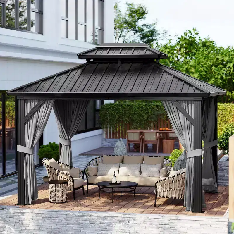 Outdoor Hardtop Gazebo 10x12 FT, Double Roof Heavy Duty Gazebo Aluminum Frame with Netting, Metal Canopy for Patio, Garden, Backyard, Poo
