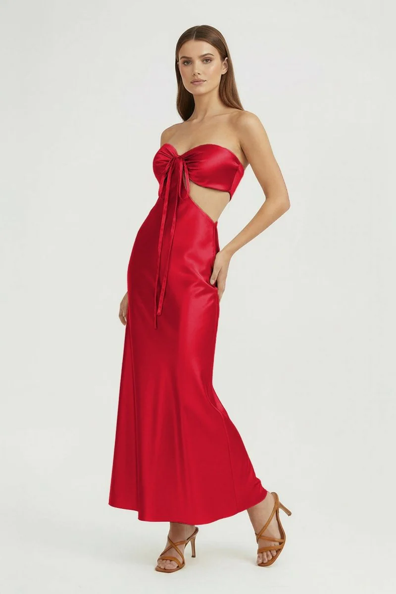 Aqua Strapless Sheath Satin Open Back Prom Dresses With Cutout