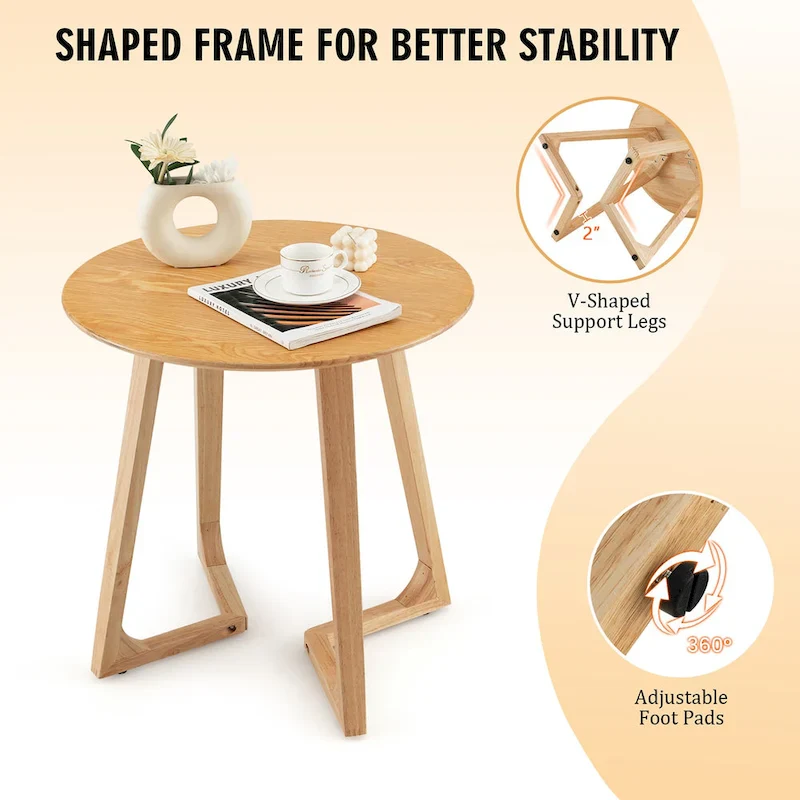 Natural Round Solid Rubber Wood End Table with V-Shaped Legs – Farmhouse Style, Living Room Use