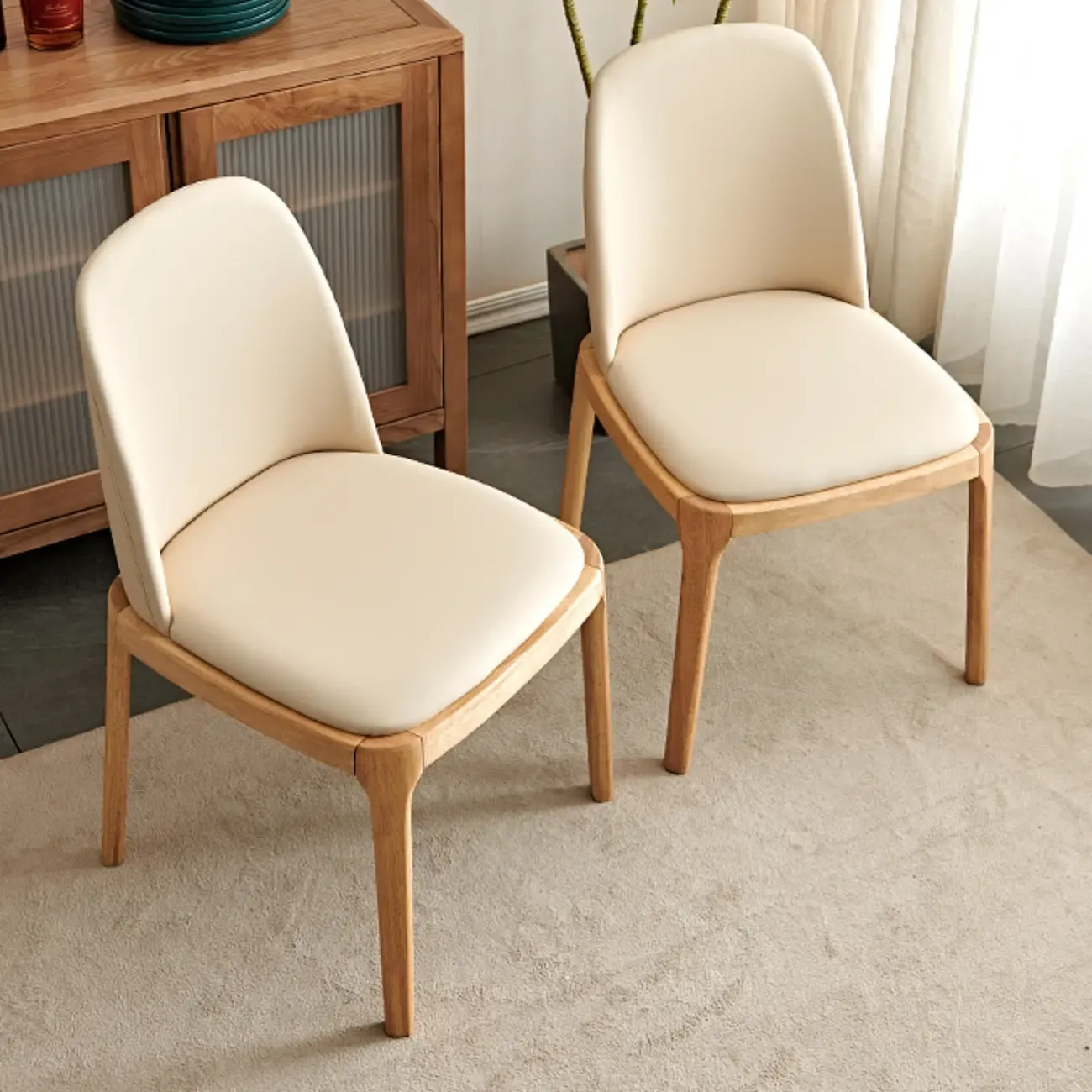 Cream Wood Faux Leather Solid Back Dining Chair