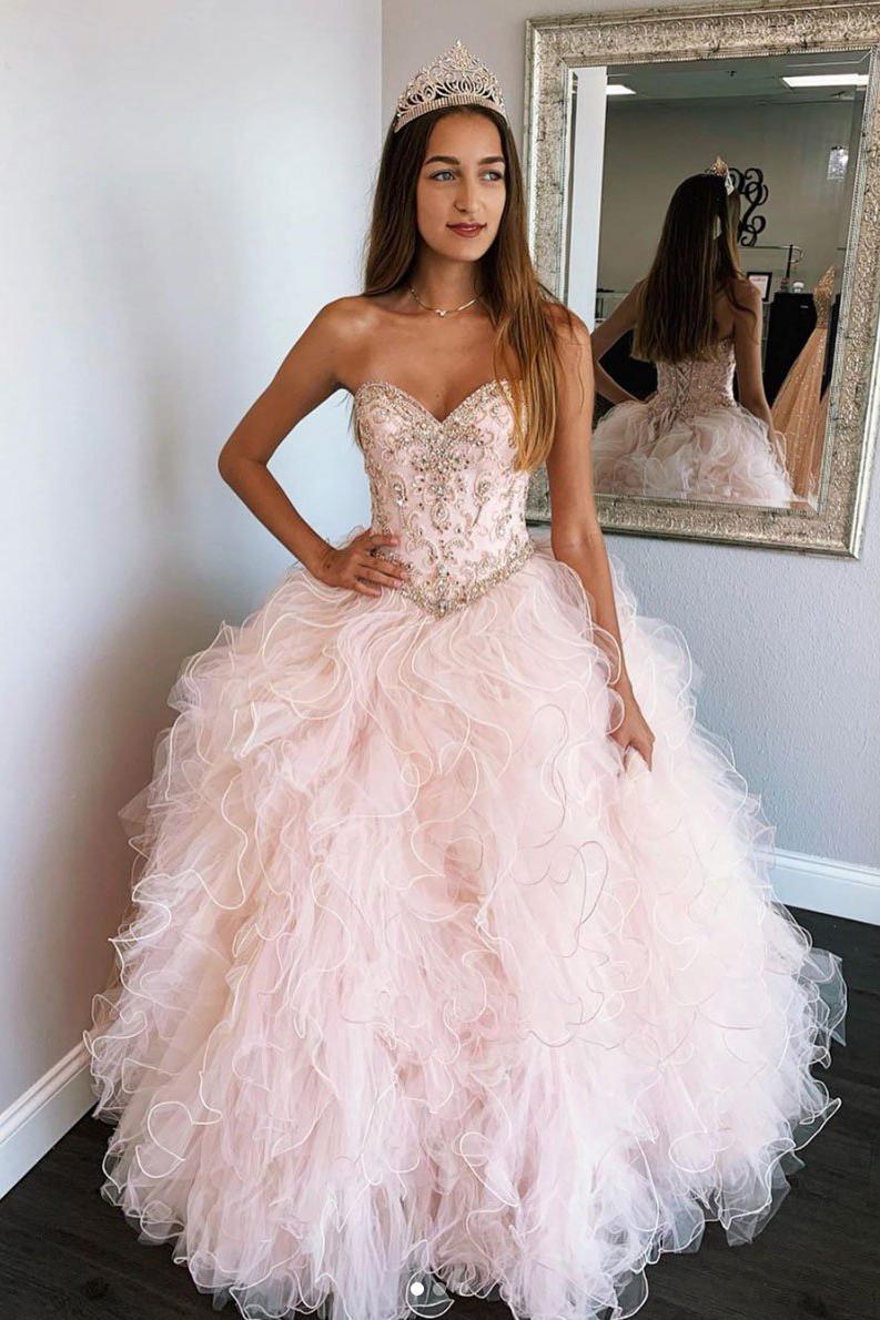 Pink Sweetheart Sleeveless Tulle Prom Dresses