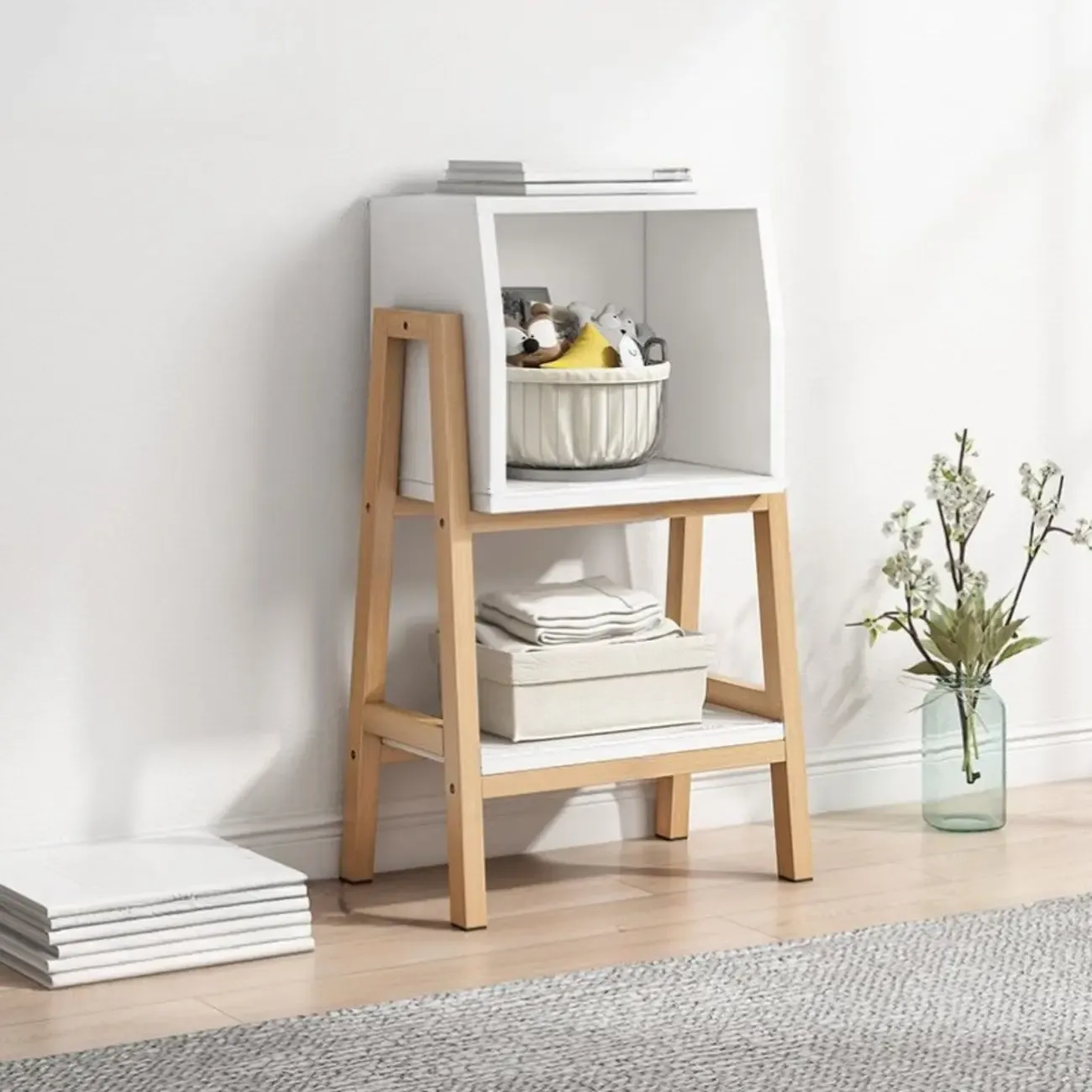 Narrow 2-Tier Natural White Wooden Ladder Bookcase