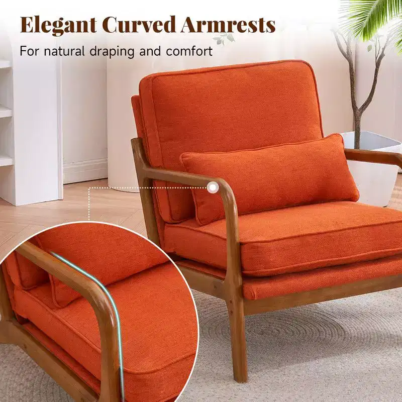 Karl Home 2Pcs Mid Century Solid Wood Accent Chair Upholstered Armchair with an Extra Pillow
