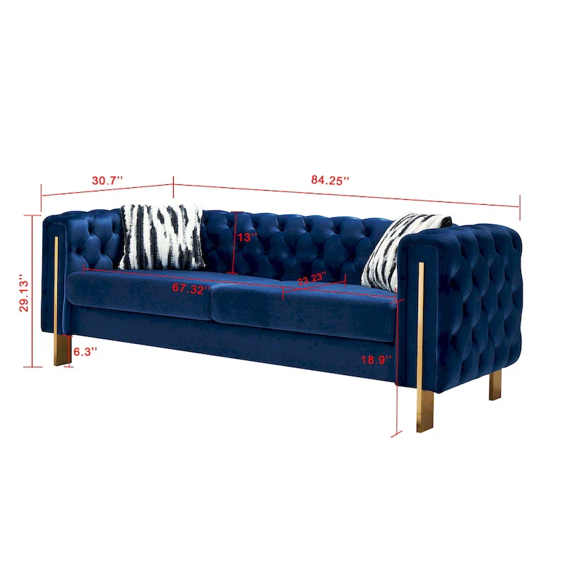84.25  Velvet 3-Seater Sofa with Button Tufting, Gold Metal Legs, Pocket Spring And Foam Cushioning, 700 lb Capacity