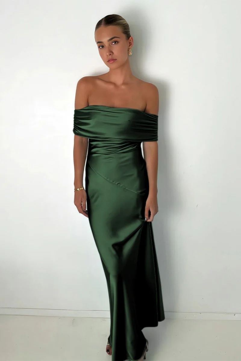 Aqua Sheath Off The Shoulder Satin Long Prom Dresses