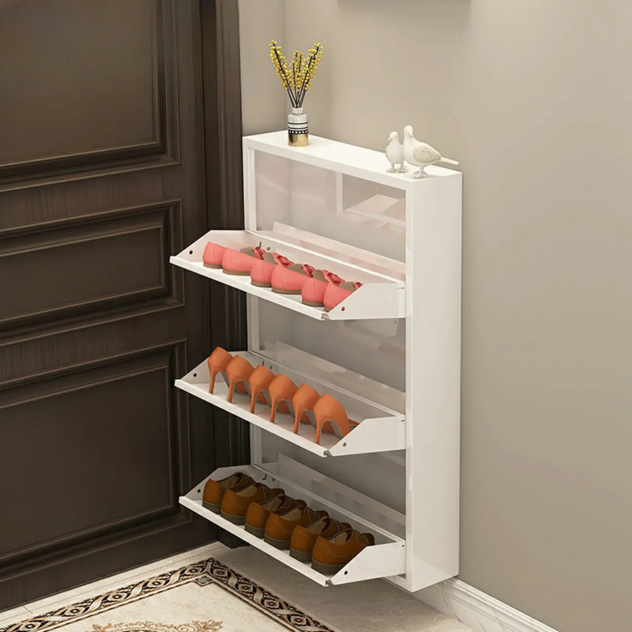 Gloss Black Wall Mounted Wooden Slim Drop Front Shoe Cabinet