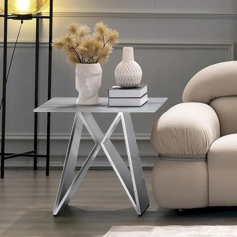 Luxurious Silver M Shape Base End Table Glass Accent Table