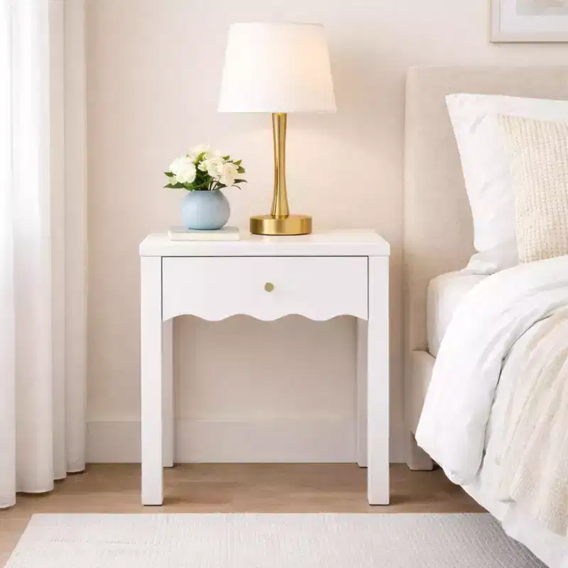 White Nightstand End Table Playful Bed Beside Table Storage Sofa Side Table with Drawer & Wavy Apron - ModernLuxe