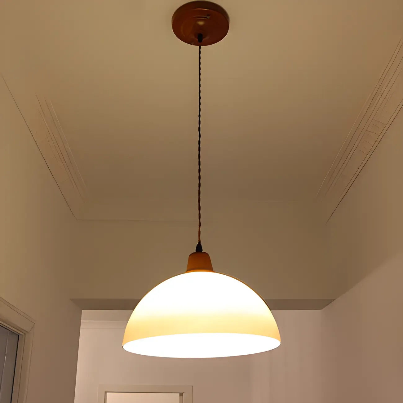 White Glass Wood Rope Round Pendant Light
