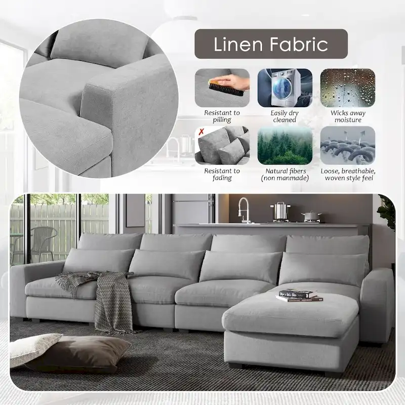 Modern Convertible L-Shaped Linen Feather Filled Reversible Sectional Sofa