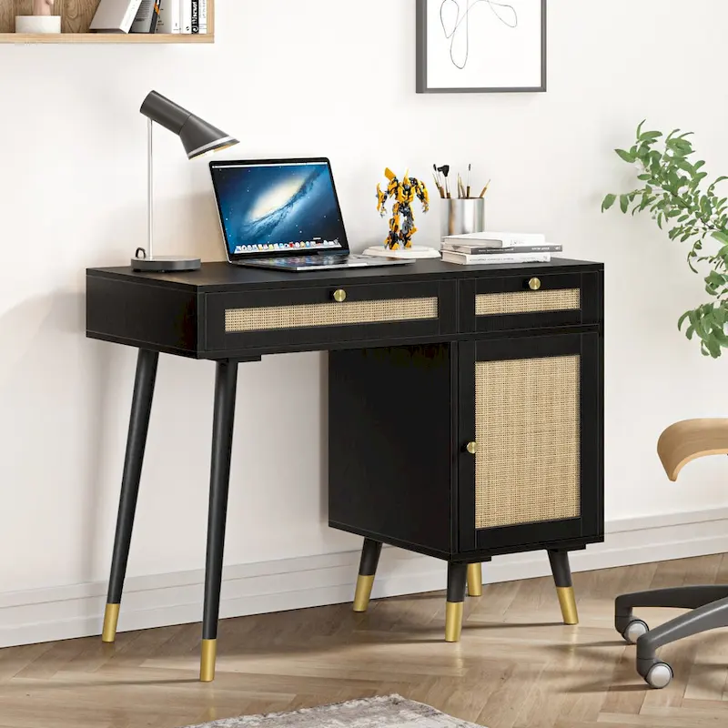 Black Computer Desk with Rattan Drawers and Gold Handles