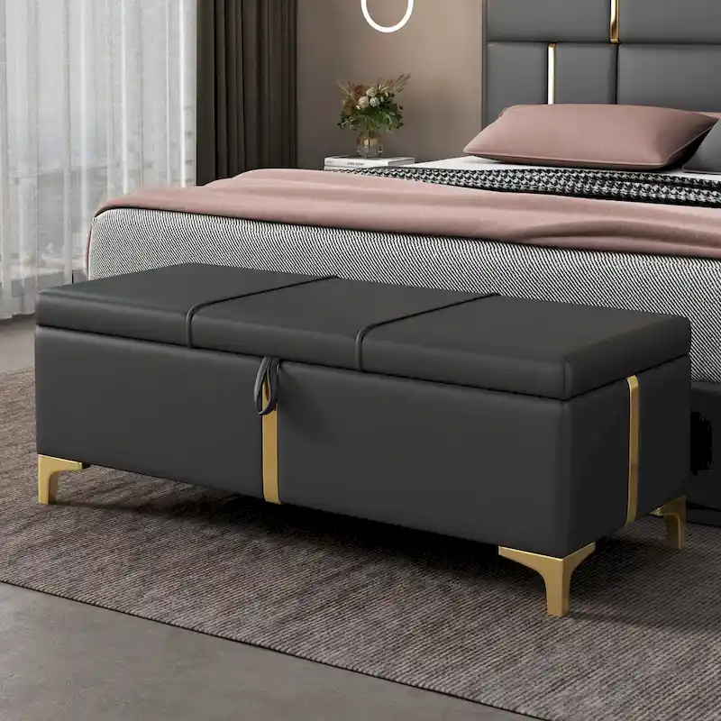 PU Fabric Upholstered Storage Ottoman Bench with Metal Legs, Fully Assembled Except Legs