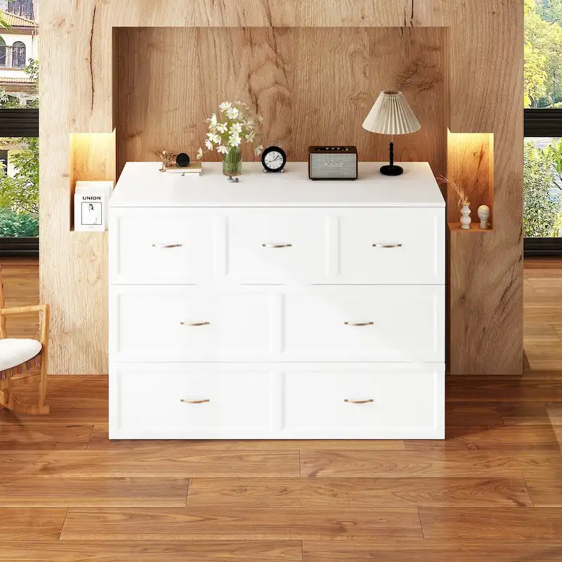 Modern Wood Full Murphy Bed Chest in White Finish Dresser 2-1 Cabinet