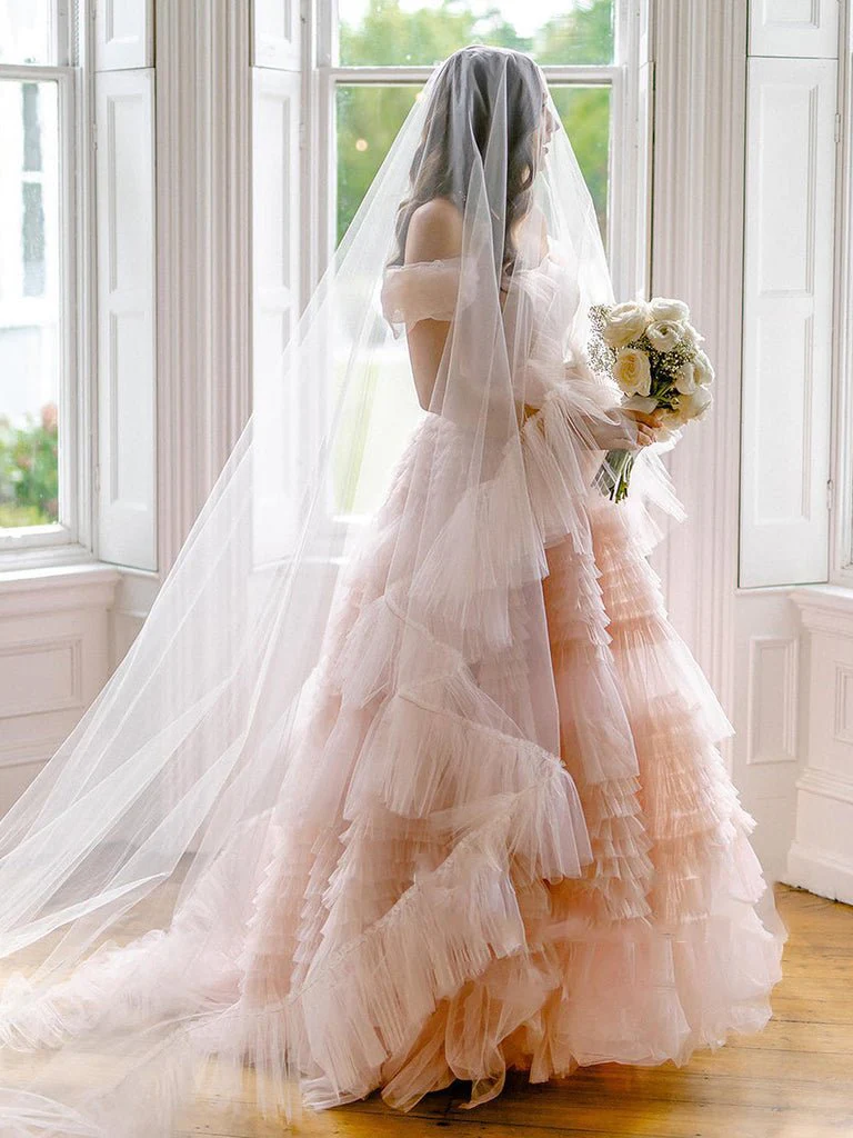 Blush Pink Pleated Cathedral Veils with Blusher
