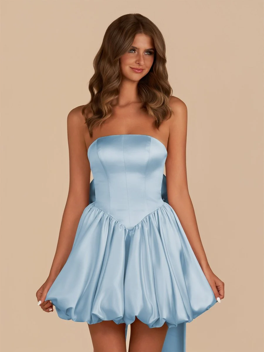 Sky Blue Strapless Satin A-Line Homecoming Dress with Bow