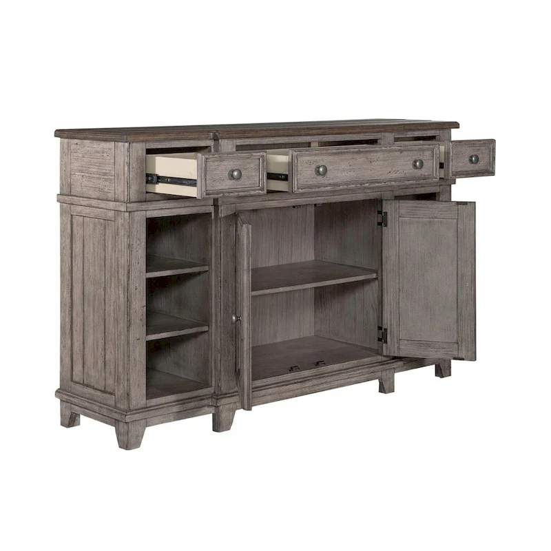 White & Grey Distressed Pine Breakfront Server – 1 Piece
