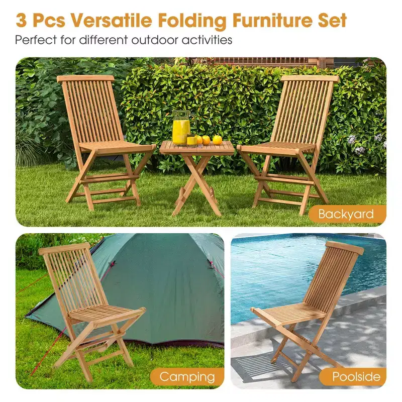 Costway 3PCS Patio Bistro Set Square Table Indonesia Teak Wood Folding Chair Slatted Tabletop Seat