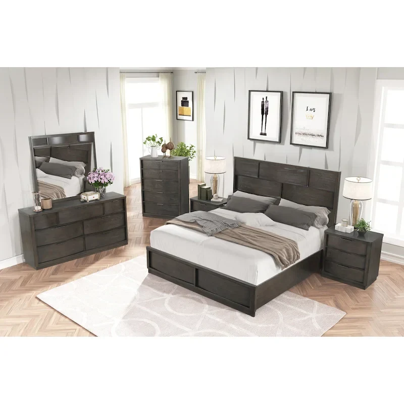 Wood Panel Bed Set, Bed, Dresser, Mirror, Two Nightstands, and Chest, Espresso