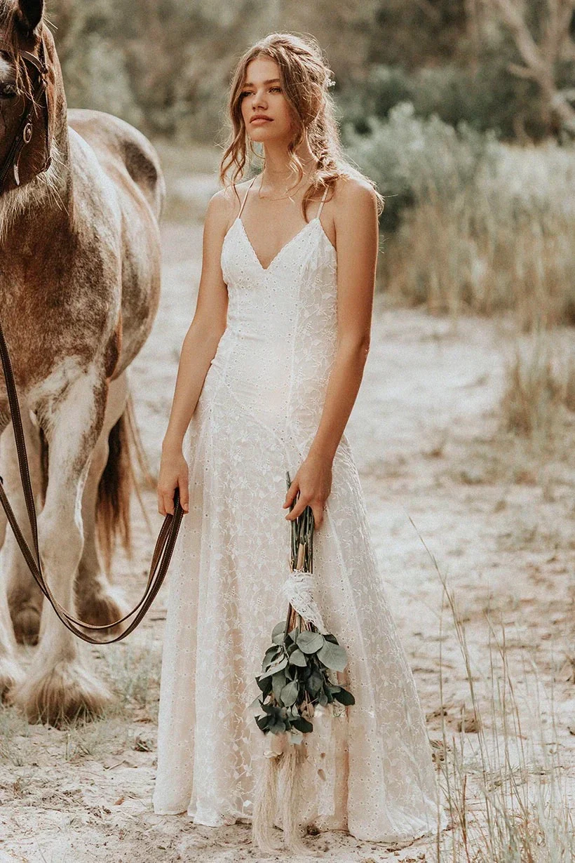 Lace Spaghetti V-neck Sheath Wedding Gown With Straps And Open Back