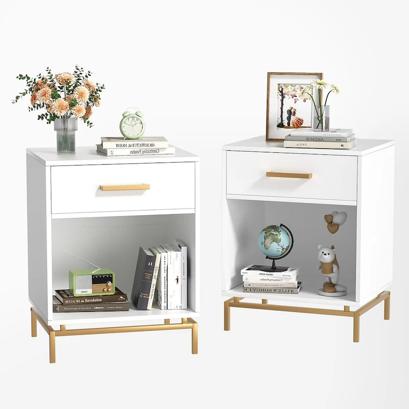 Anmytek Modern 1-Drawer White Nightstand Wood Bedside Table with Open Shelf (Set of 2)