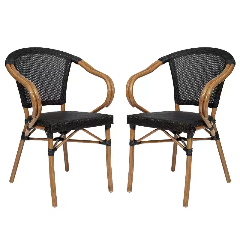 Flash Furniture 2 Pack Marseille Indoor/Outdoor Commercial Bistro Stacking Chair with Arms, Textilene and Bamboo Print Aluminum Frame