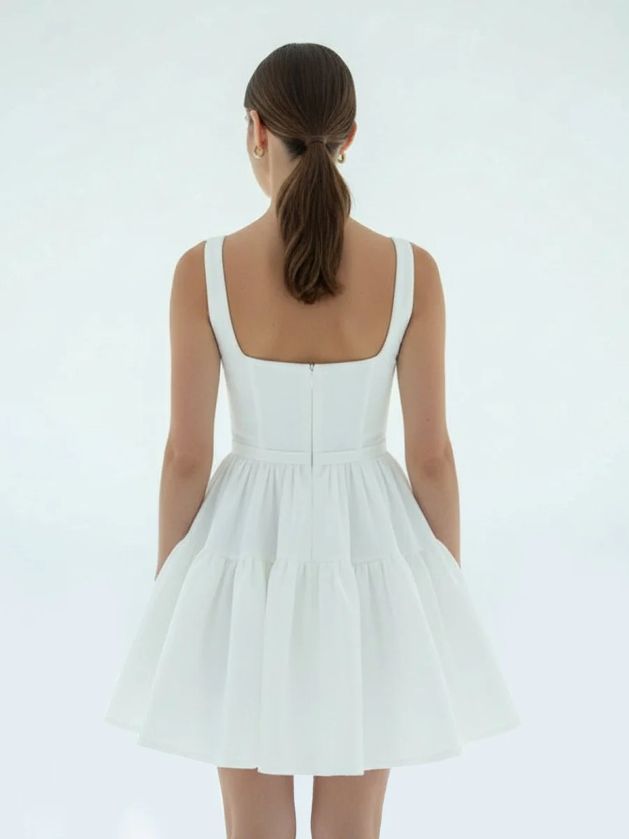 A-Line Boat-Neck Mini-Length Sleeveless Satin Pleats Wedding Dress