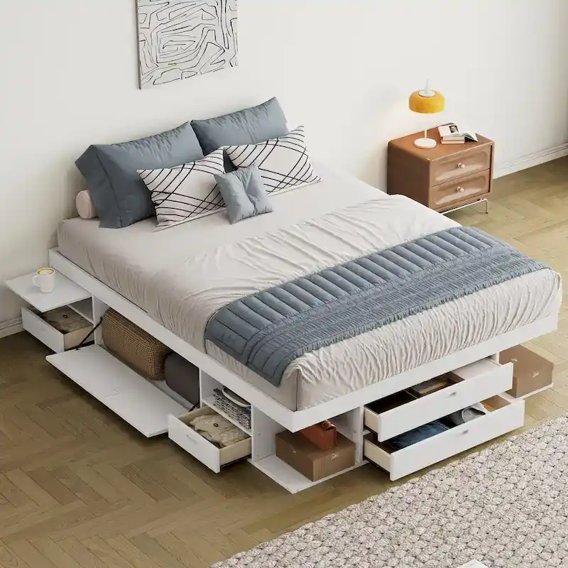 Queen Size Platform Bed, Storage Drawers, Open Shelves, No Box Spring Needed, White