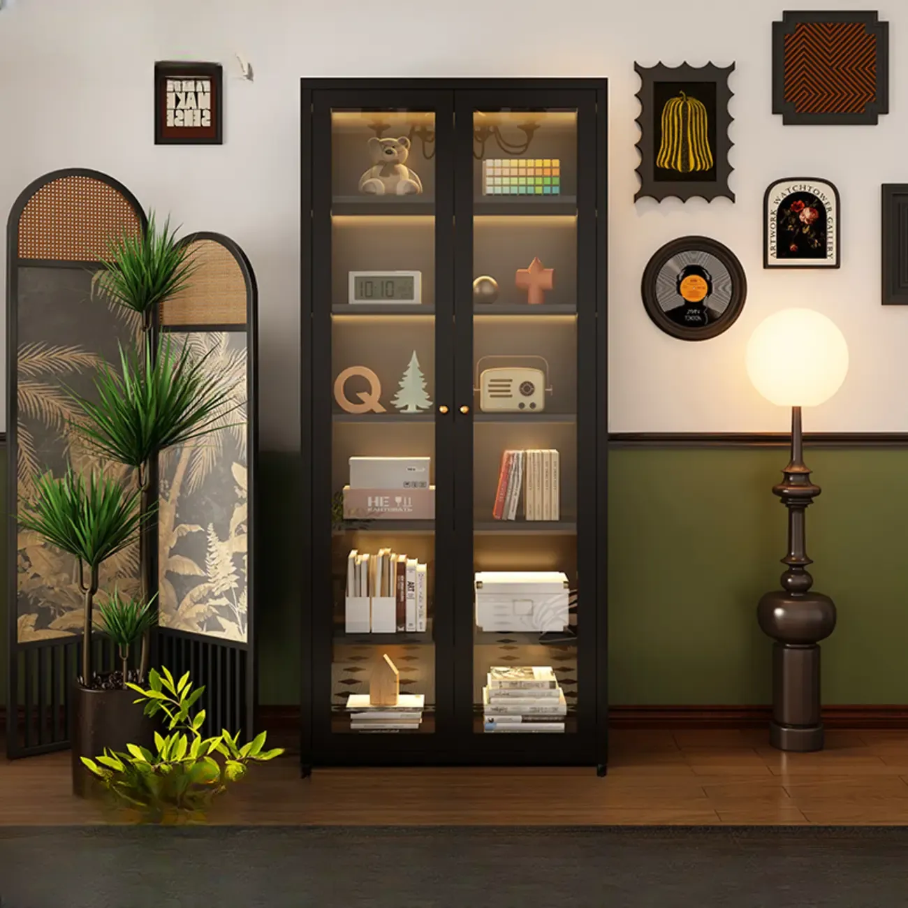 Contemporary Black Metal Bookcase with Glass Doors