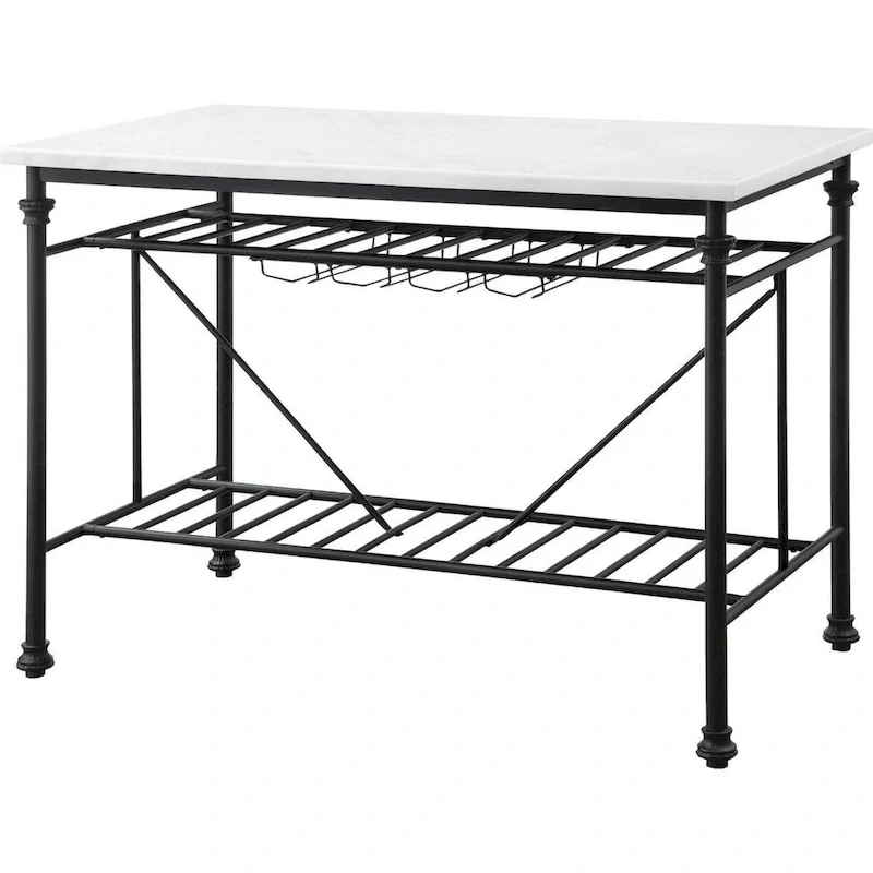 Kitchen Island with Marble Top and Slatted Shelf, Black and White