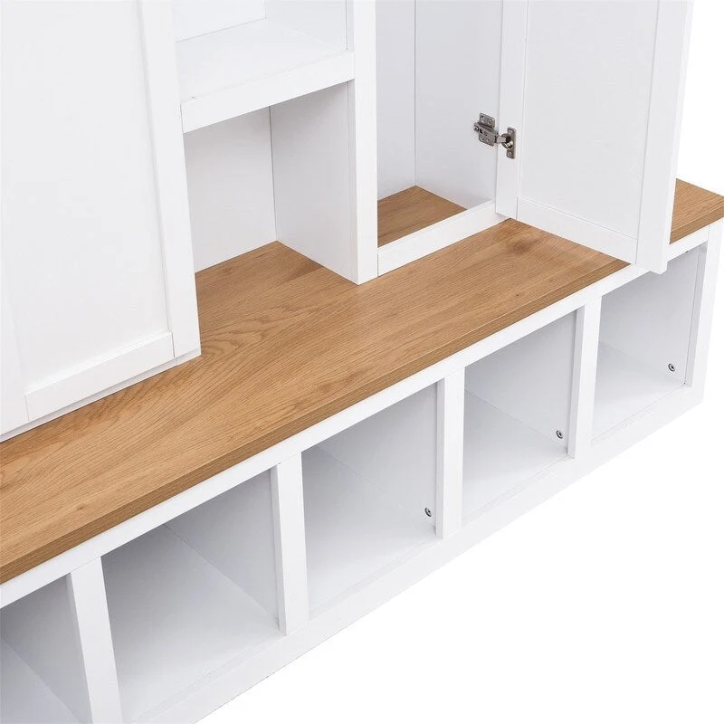 Farmhouse 4-in-1 Hall Tree with Open Display Shelves, Mudroom Shoe Bench with Open Compartments, Entryway Coat Rack with 6 Hooks