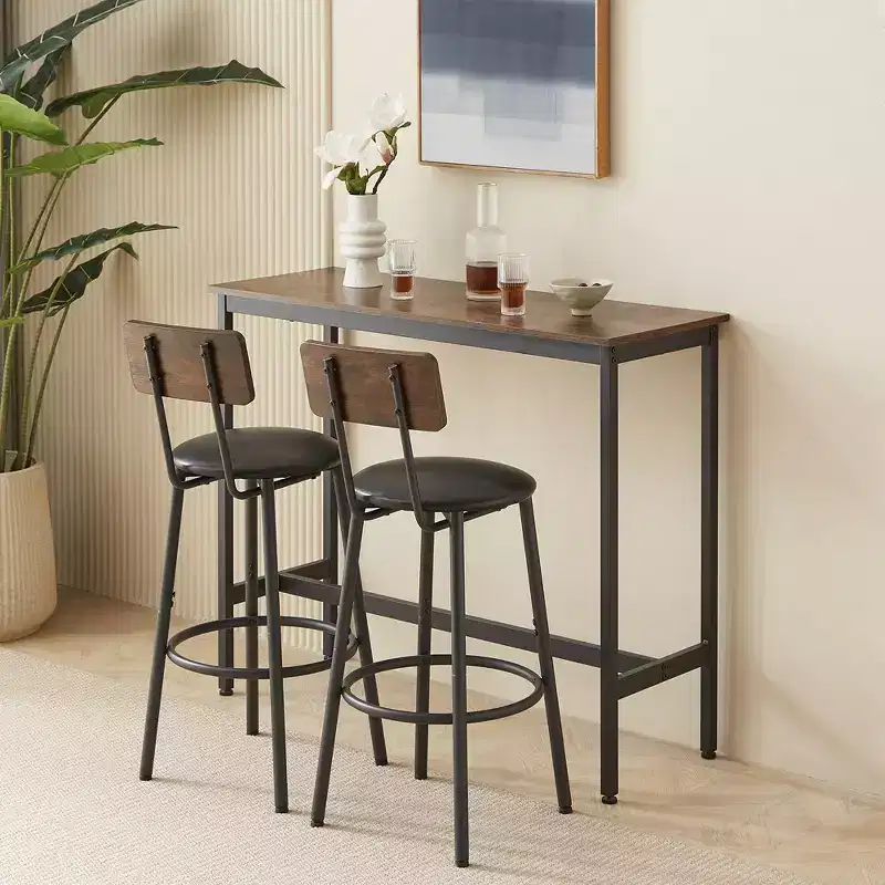 3 Piece Dining Table Set, Bar Table Set With 2 Upholstered Stools, Ring-shaped Footrest, Wooden Backrest, For Living Room Dining Room Kitchen