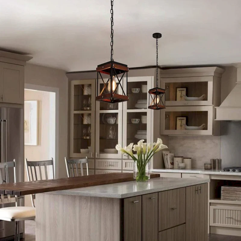 Farmhouse Square Wood Pendant Lighting for Kitchen Island Black Cage Pendant Light