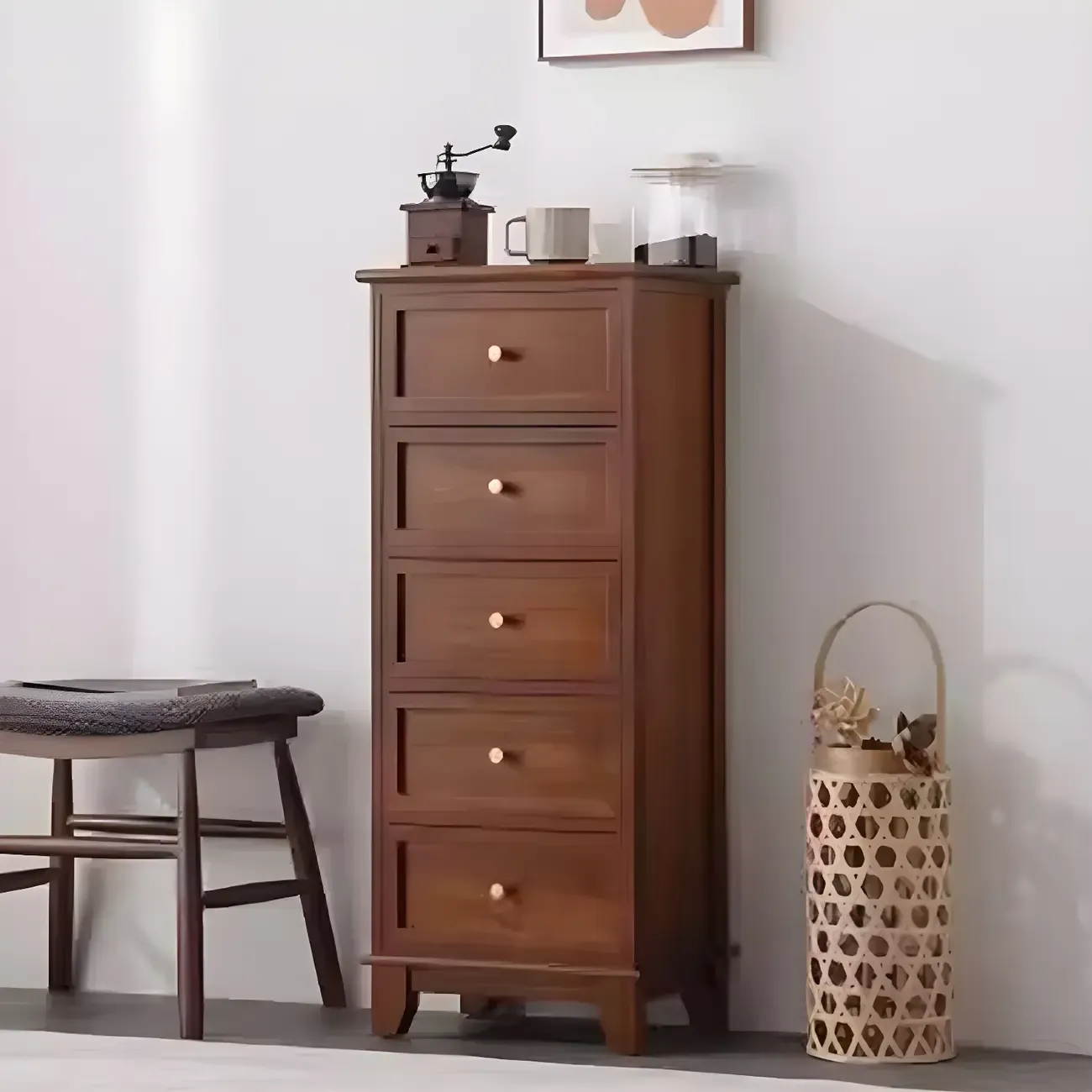 Industrial Rectangular Brown Wooden Drawer Cabinet