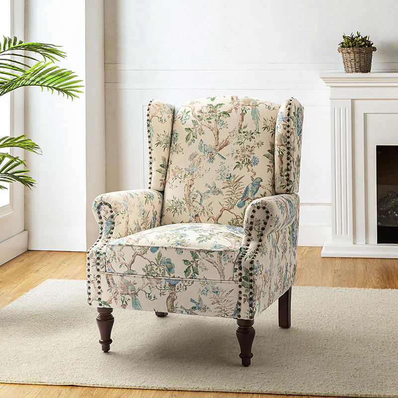 Wingback Armchair with Copper Nailhead Trim, Roll Arms, Removable Seat Cushion & Spindle Walnut Solid Wood Legs | Bird / Navy / Black / Mustard / Beige / Green | Single Seat