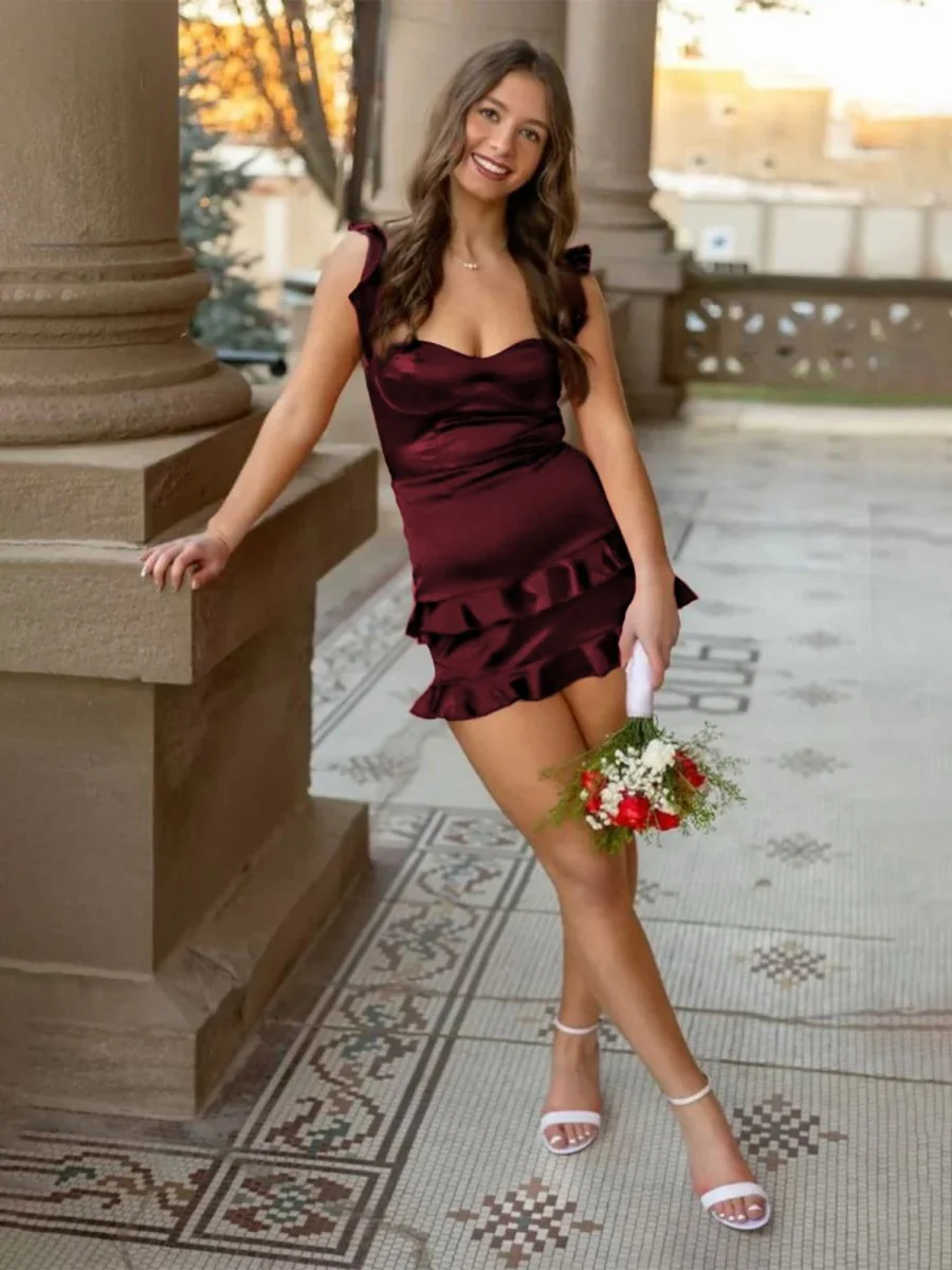 Burgundy - Sweetheart Satin Ruffles Short Homecoming & Cocktail Dresses