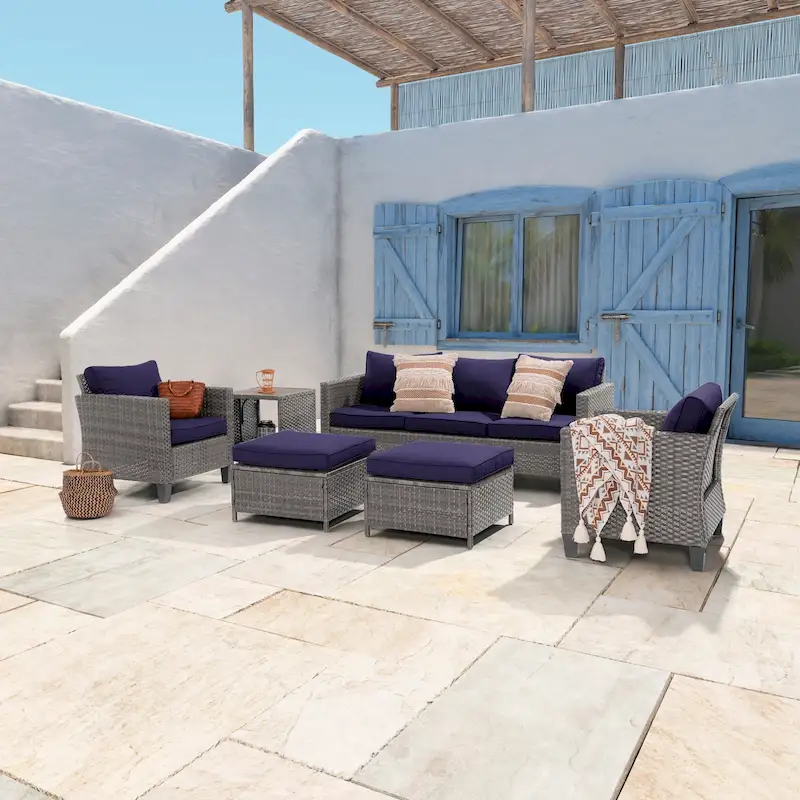 LIVOOSUN 6Pcs Patio Furniture Conversation Gray Wicker Sofa Set w/Side Table