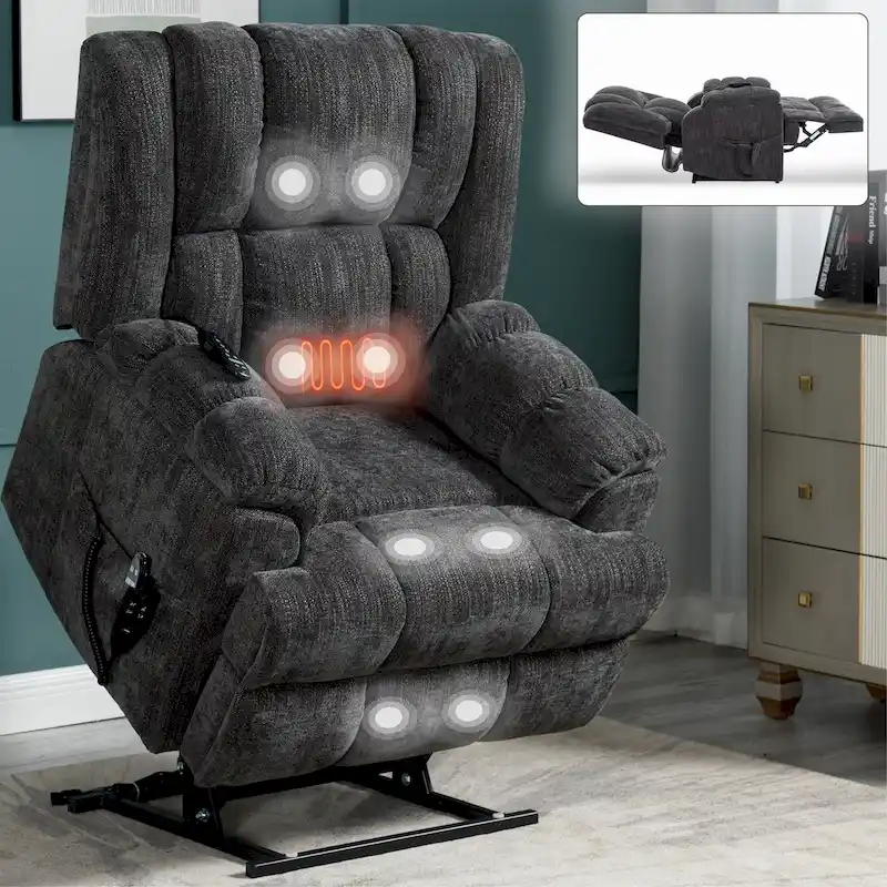 Grey Chenille Power Lift Recliner with Massage & Heat, 1-Person