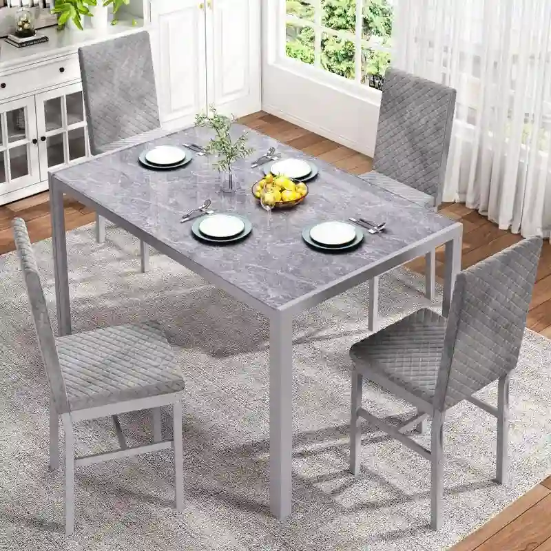 Modern Dining Room Table with Tempered Glass Tabletop and Diamond Stitching PU Leather Chairs