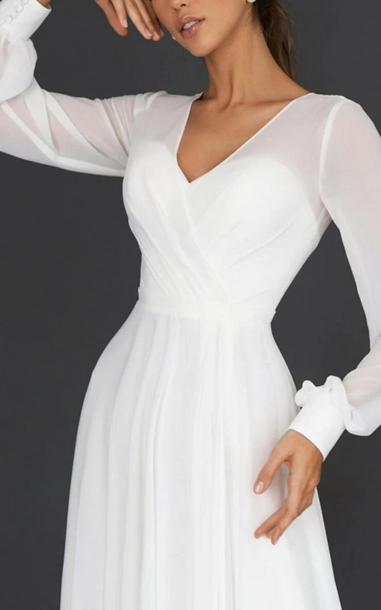 A-Line V-neck Chiffon Long Sleeves Zipper Wedding Dress