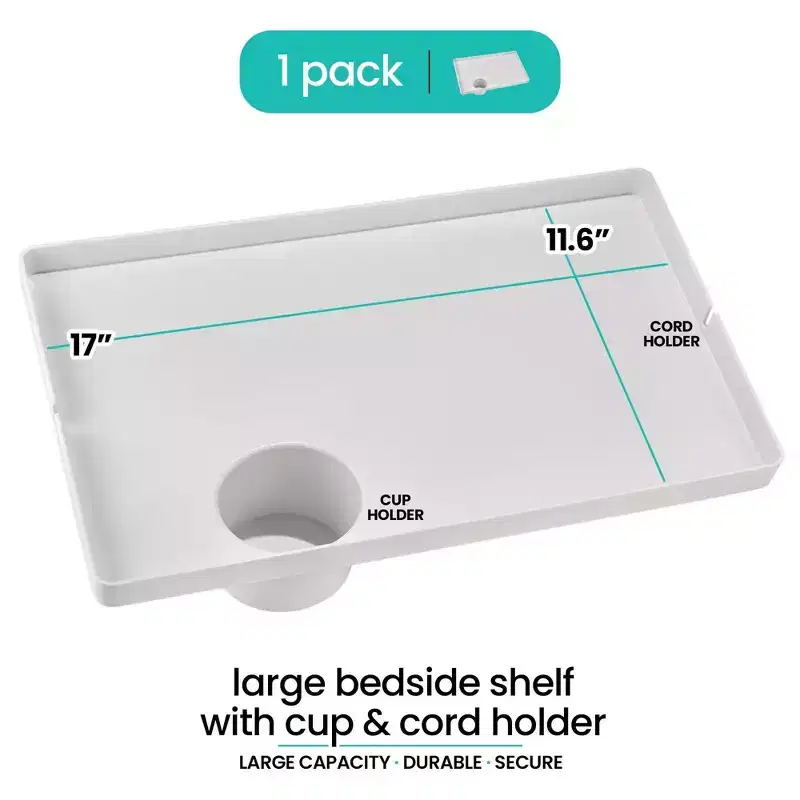 Modern Innovations Large White Bedside Shelf 1 Count Clip On Nightstand with Cup Holder and Cord Holder for College Dorm Top Bunk Kids Bedroom