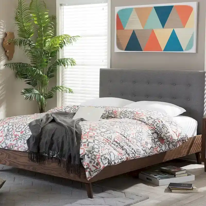 Medieval grey upholstered walnut platform bed