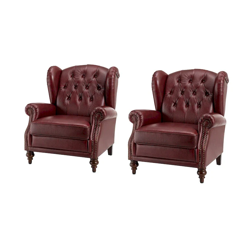 Brown Genuine Leather Wingback Armchair with Nailhead Trim, Set of 2, 1-Person