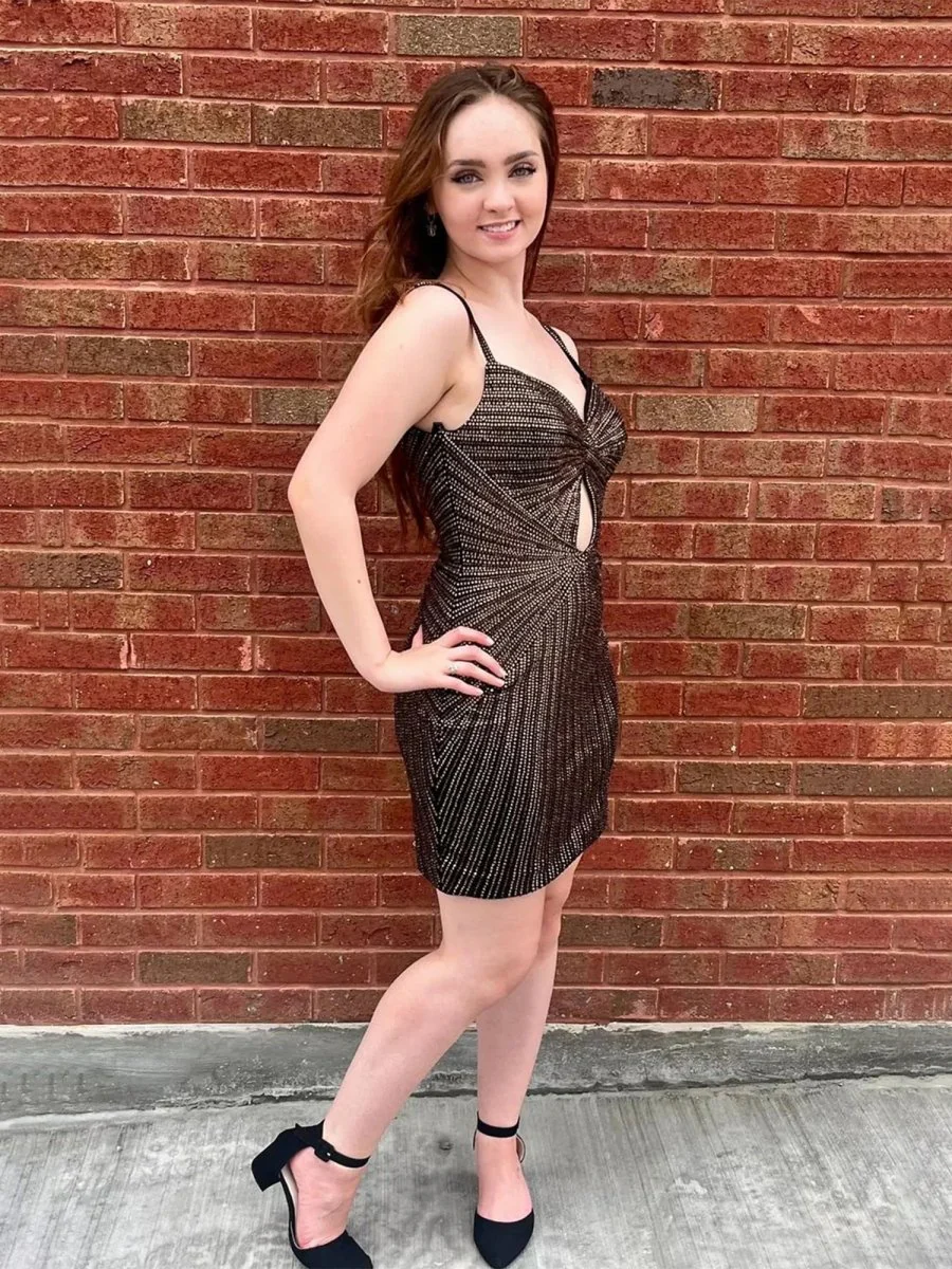 Brown - Satin Spaghetti Straps Beaded Homecoming Dress With Keyhole