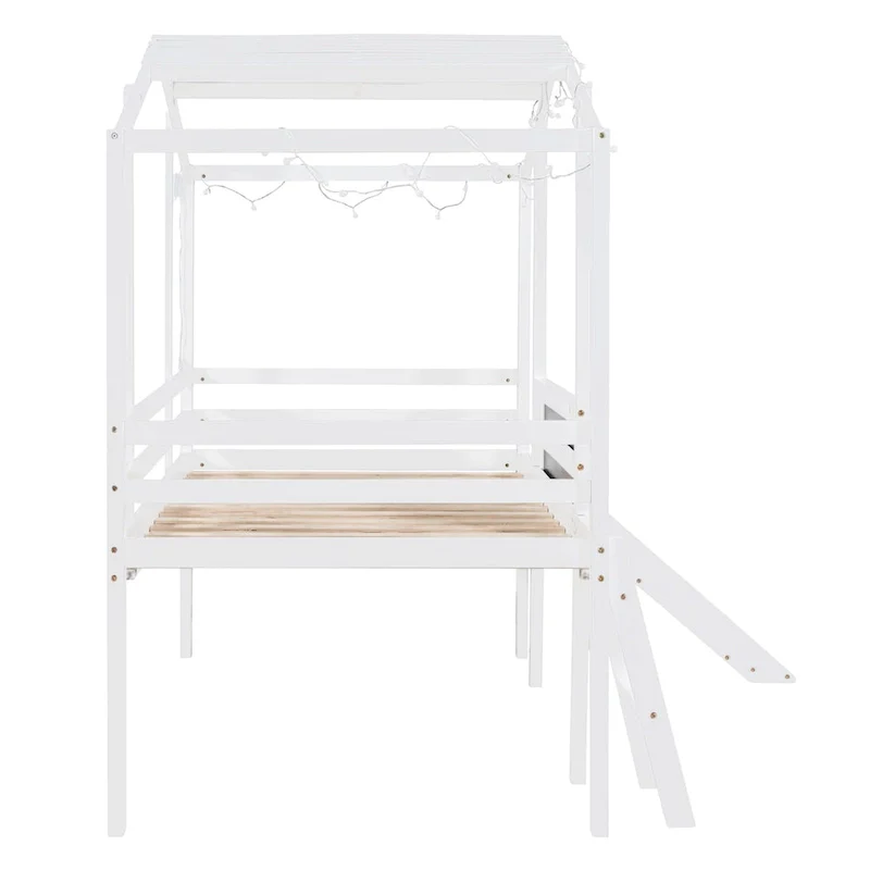 White Twin House Loft Bed with Slide & Blackboard, 1-Child